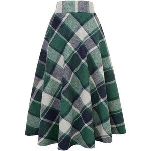 Womens Long Green 02 Elastic Waist A-Line Pleated Tartan Long Plaid Wool Skirt